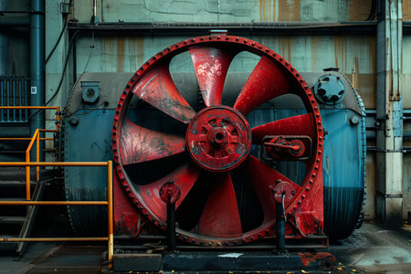 Large rusty red industrial fan cooling system in an abandoned power plantの素材