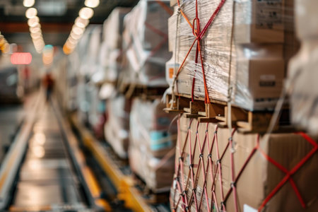 Cardboard boxes secured to pallets moving on a conveyor system inside a distribution warehouseの素材