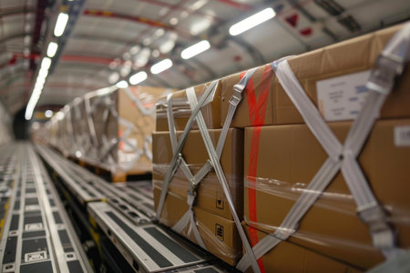 Rows of cardboard boxes secured with straps are being loaded into a cargo planeの素材