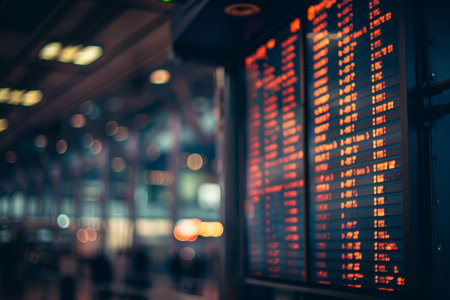 Modern airport departure board is displaying flight information for arriving and departing passengersの素材