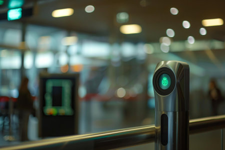 Green light allowing access on a security turnstile with a blurred background with people and a digital displayの素材