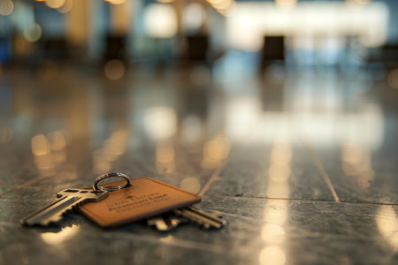Keys lying on the floor of a modern office building with lights reflecting on the floorの素材