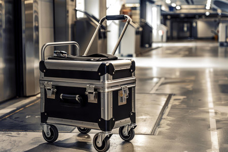 Black, sturdy suitcase with wheels is waiting in the hallの素材