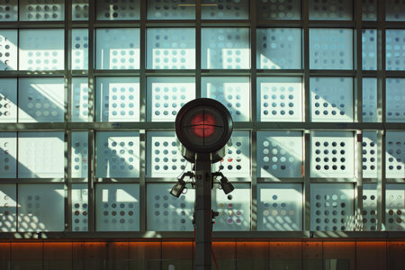 Red security camera is pointing at the viewer in a modern building with a glass wallの素材