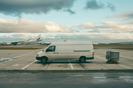White delivery van waiting on airport tarmac with airplane taxiing in backgroundの素材