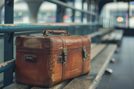 Old brown suitcase is sitting on a bench at a train station, waiting to be picked up by its ownerの素材