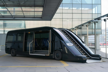 Modern black electric minibus with open doors and a built in escalator is waiting for passengers to boardの素材