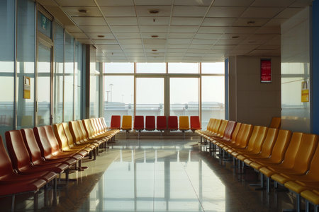 Rows of empty colorful chairs stand in an empty airport terminal waiting areaの素材