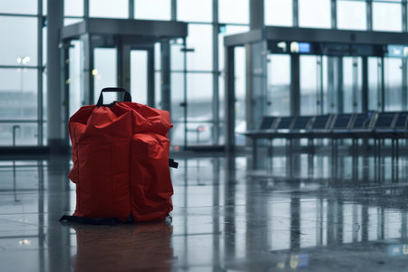 Red backpack is sitting on the floor of a modern airport terminalの素材