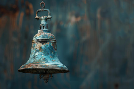 Old rusty metal bell is hanging in the foreground with a blurred backgroundの素材