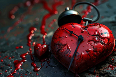 Cracked heart shaped clock is lying on dark stone covered with blood symbolizing lost love and running out of timeの素材