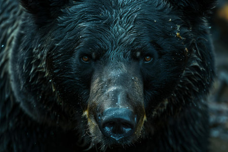 Wild black bear with piercing eyes and wet fur stares intentlyの素材