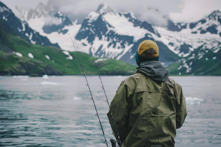 Fisherman is patiently waiting for a bite while fishing in the cold alaskan watersの素材