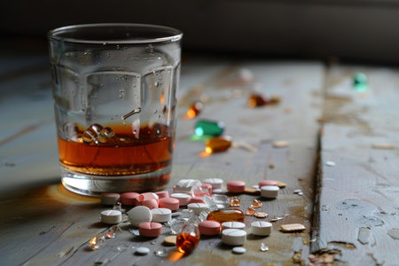 Glass of alcohol sits on a worn table surrounded by various pills, illustrating the dangers of addiction and substance abuseの素材