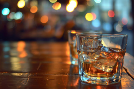 Two glasses of whiskey with ice cubes are resting on a bar with city lights out of focus in the backgroundの素材
