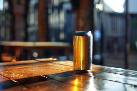 Cold can of beer standing on a wooden table in a bar during sunsetの素材