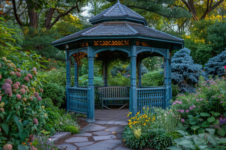 Victorian blue wooden gazebo standing on a stone patio in a tranquil garden at sunsetの素材
