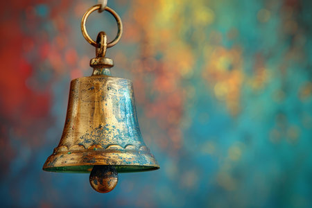Old brass bell with patina hanging on colorful backgroundの素材