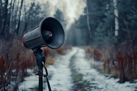 Megaphone is standing on a tripod in a snowy forest, ready to broadcast a messageの素材