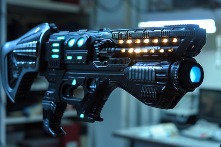 Futuristic plasma weapon with glowing lights inside a workshopの素材