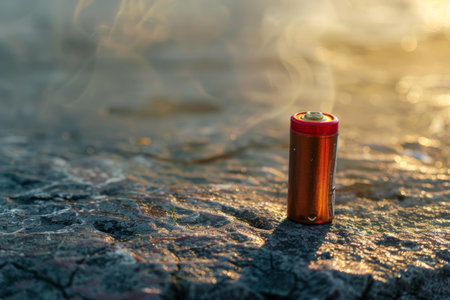Lithium battery is emitting smoke, symbolizing the dangers of improper battery disposal and the environmental hazards associated with itの素材