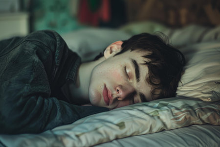 Young man is sleeping soundly in his bed, enjoying a peaceful and restful slumberの素材