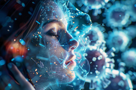 Digital network forming over a woman face surrounded by virus cells, concept of technology and healthcareの素材