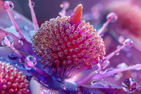Closeup of an exotic flower with sparkling water drops, showcasing vibrant colors and intricate detailsの素材