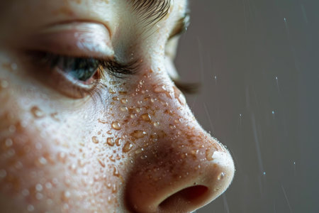 Close up of a young womans face with freckles enjoying the feeling of rain on her skinの素材