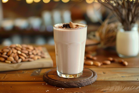 Almond milk is standing in a glass on a wooden table with almonds in the backgroundの素材