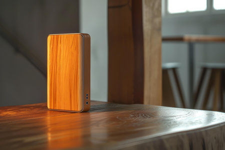 Modern external hard drive with a beautiful wooden finish, sitting on a wooden deskの素材