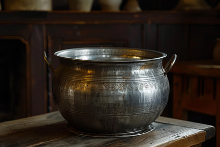 Antique metal pot with ornate carvings is illuminated by a warm light, highlighting its age and craftsmanshipの素材