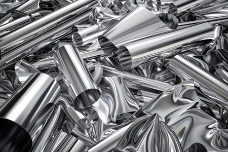 Shiny metallic tubes and sheets are piled up forming an abstract industrial backgroundの素材