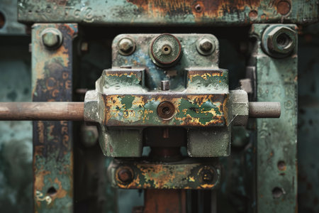 Close up of an old rusted machine part showing signs of age and wearの素材