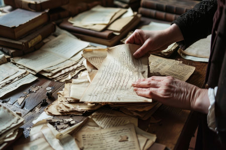 Librarian carefully examining an old document while surrounded by stacks of historical papersの素材