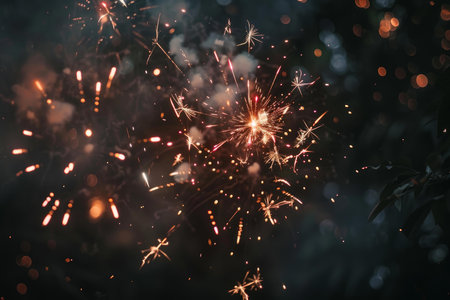 Bright and colorful fireworks exploding against dark sky with smokeの素材