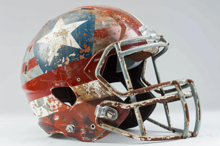 Old and rusty american football helmet with a distressed american flag designの素材