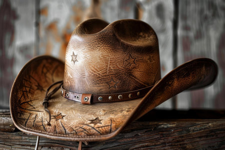 Brown leather cowboy hat with star accents is resting on a weathered wood fenceの素材