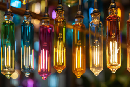 Row of illuminated vintage filament light bulbs hanging from the ceiling, providing warm lightの素材