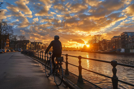 Cyclist is enjoying a beautiful sunset over the canals of amsterdam in the netherlandsの素材