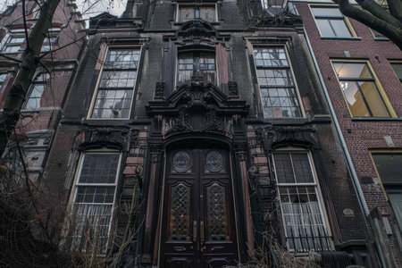Low angle view of an imposing old building in amsterdam with an ornate facade and a carved wooden doorの素材