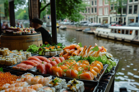 Platters of sushi rolls with variety of fresh ingredients displayed on counter with chef and canal in backgroundの素材