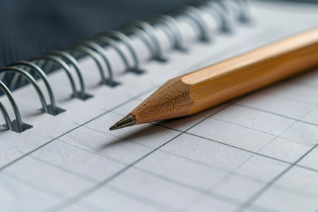 Sharpened pencil is lying diagonally on a blank notepad page ready for writingの素材