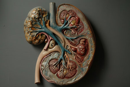 Anatomical model of a human kidney showing the internal structure including renal veins and arteriesの素材