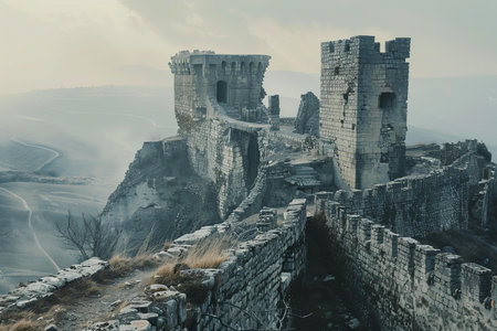 Crumbling stone walls of an ancient castle are overlooking a misty valley on a foggy morningの素材
