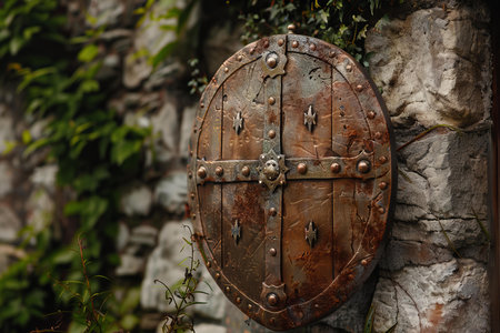 Old round metal shield with cross iron forging hanging on the stone wall covered with green mossの素材
