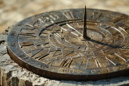 Ancient sundial casting shadow on stone telling timeの素材
