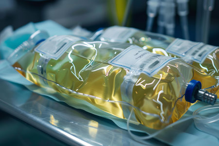 Medical drip being prepared for blood transfusion in hospitalの素材