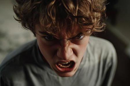 Aggressive teenager boy is screaming while showing negative emotionsの素材