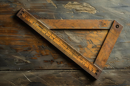 Antique carpenters square with brass accents is lying on a rustic wood backgroundの素材